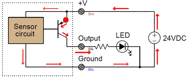 接近開關(guān)NPN和PNP型工作原理電路圖(圖3)